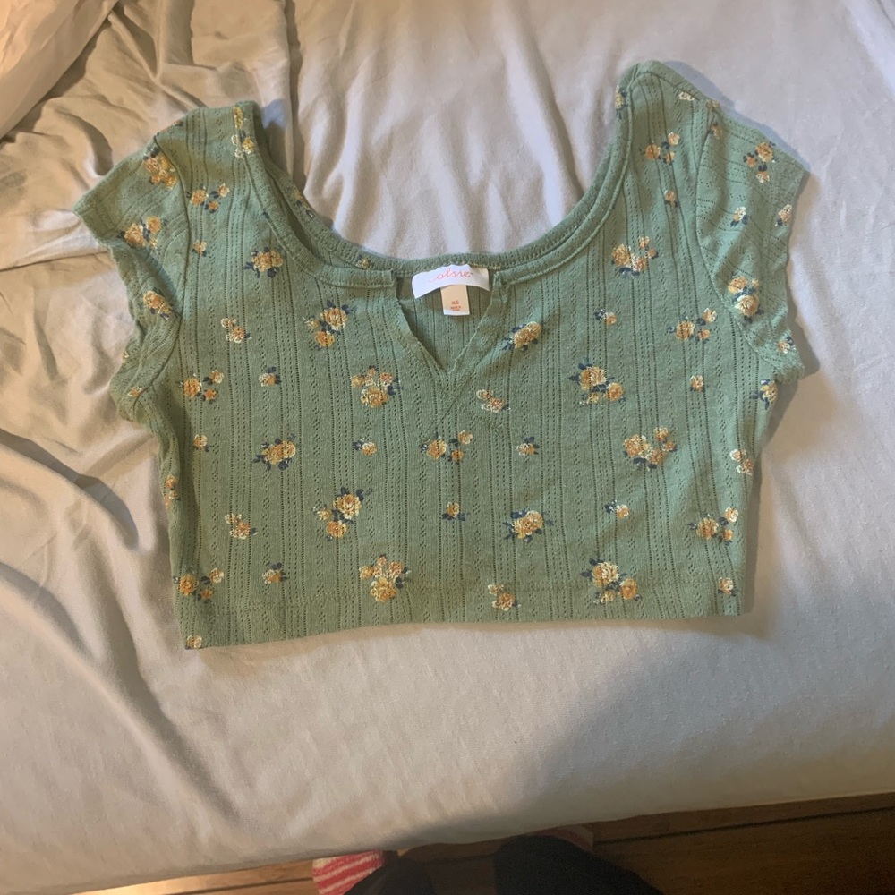 Colsie Sage Green Floral Knit Crop Top